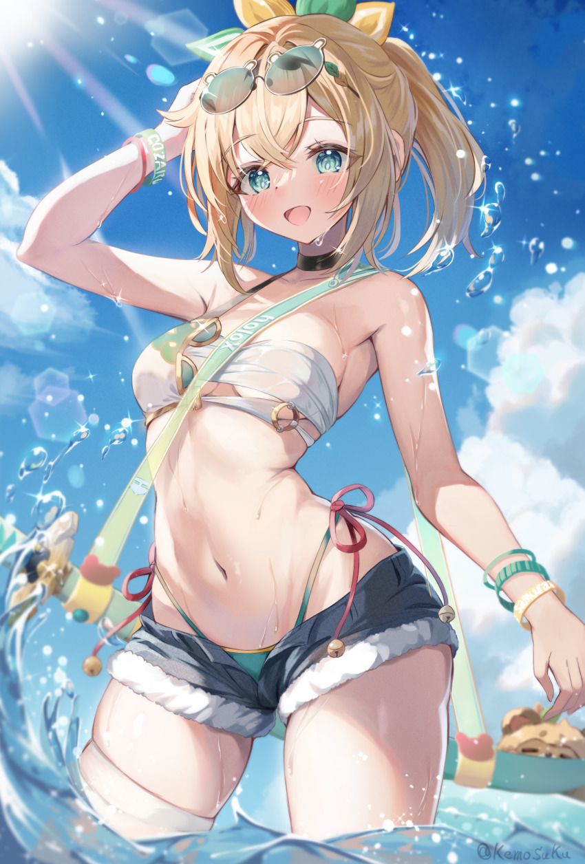 1girl, absurdres, bandaged_leg, bandages, bikini, black_shorts, blonde_hair, blush