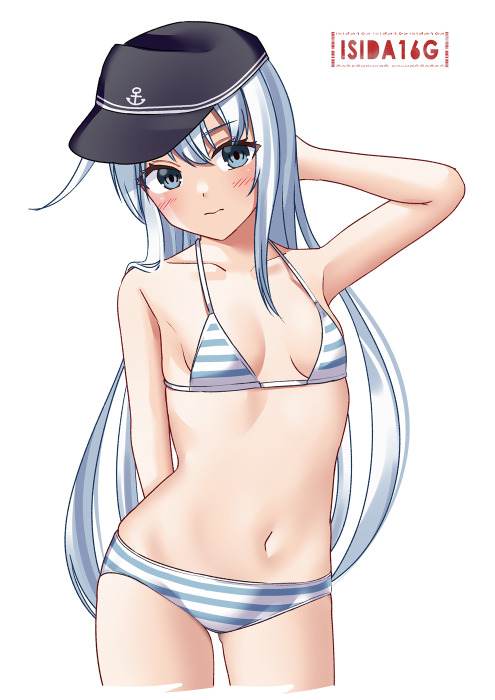 1girl, anchor_symbol, artist_logo, artist_name, bikini, black_hat, blue_bikini, blue_eyes