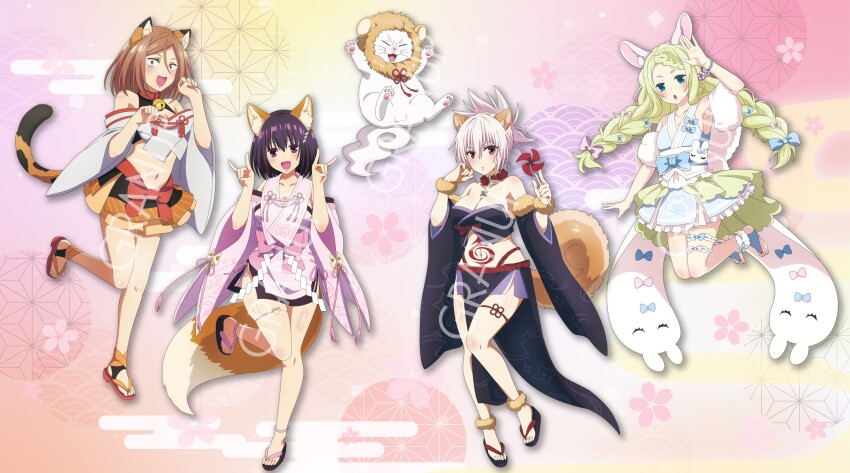 1other, 4girls, :d, absurdres, alternate_costume, animal_ears, artist_request, ayakashi_triangle