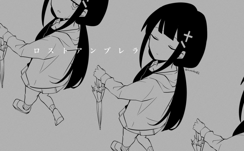 3girls, clone, closed_mouth, closed_umbrella, commentary_request, crying, crying_with_eyes_open, dutch_angle