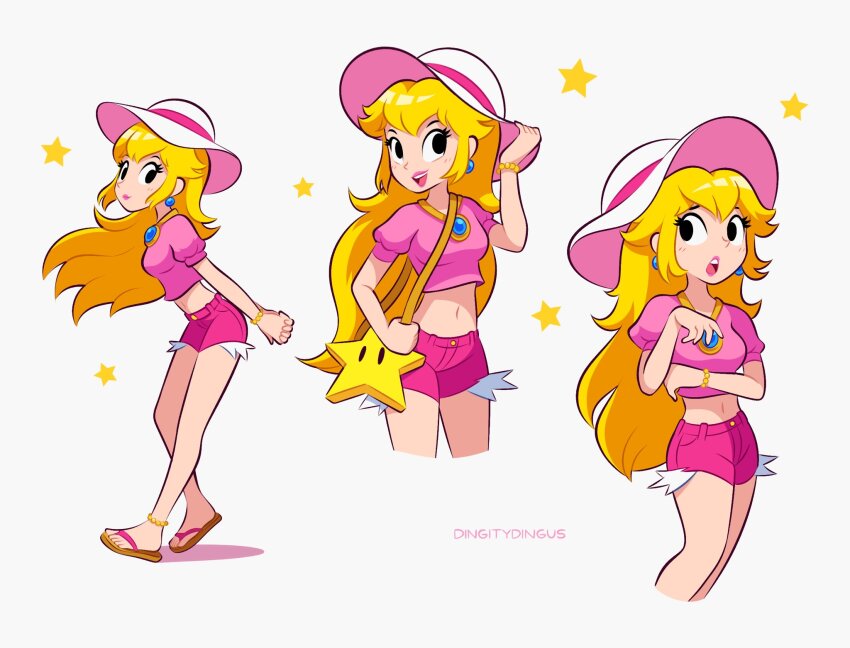 1girl, blonde_hair, breasts, cutoffs, earrings, flip-flops, hat, highres