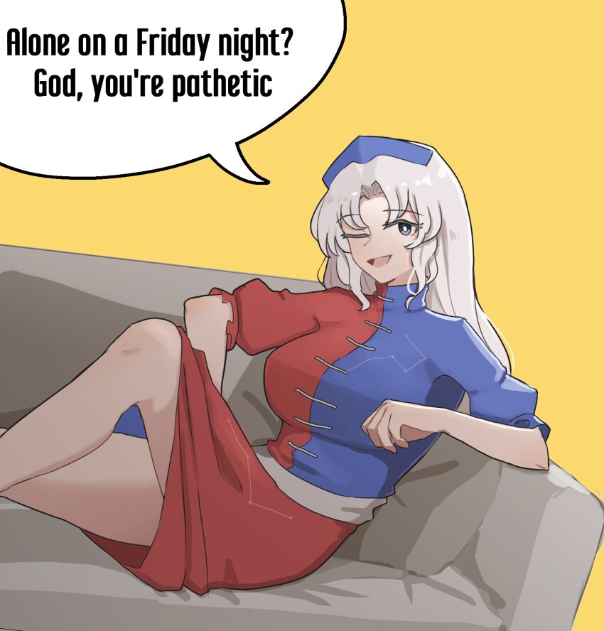 1girl, alone_on_a_friday_night?_(meme), bare_legs, black_eyes, blue_dress, blue_hat, breasts, bright_pupils