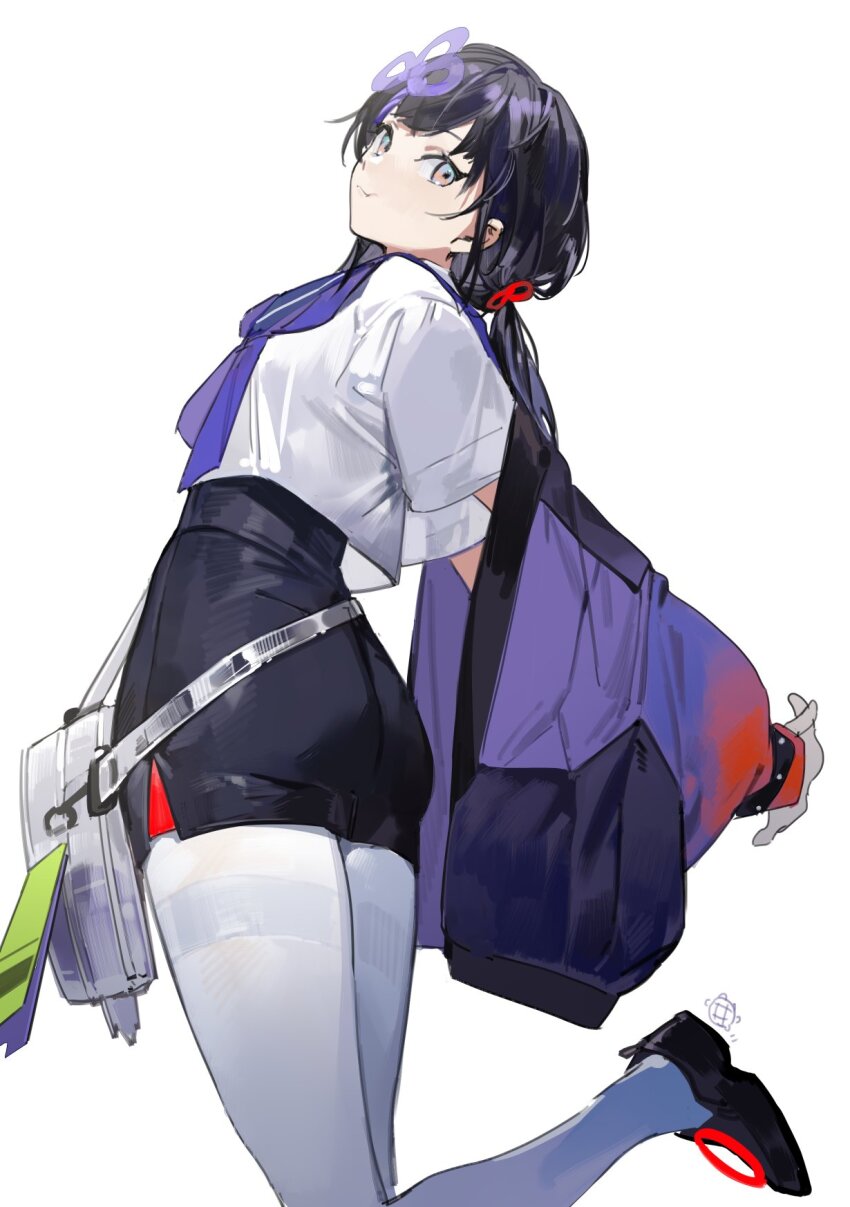 1girl, bag, black_hair, black_shoes, black_skirt, blue_sailor_collar, bokyo, grey_eyes