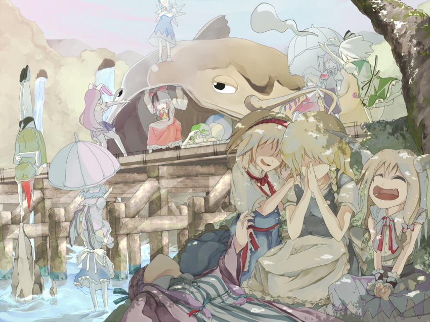 6+girls, alice_margatroid, bad_id, bad_pixiv_id, carrying, catfish, cirno, everyone, fish, flandre_scarlet, hakurei_reimu, handstand, hong_meiling, ibuki_suika, izayoi_sakuya, kirisame_marisa, koakuma, kochiya_sanae, konpaku_youmu, konpaku_youmu_(ghost), multiple_girls, namazu_(touhou), parasol, patchouli_knowledge, pointing, praying, reisen_udongein_inaba, remilia_scarlet, shade, shaded_face, shinta_(artist), shoulder_carry, tokoroten_(hmmuk), touhou, umbrella