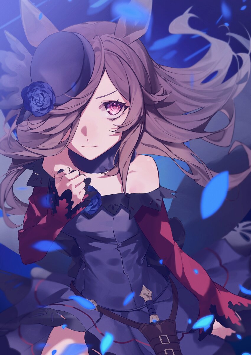 1girl, absurdres, animal_ears, bare_shoulders, blue_dress, blue_flower, blue_hat, blue_rose