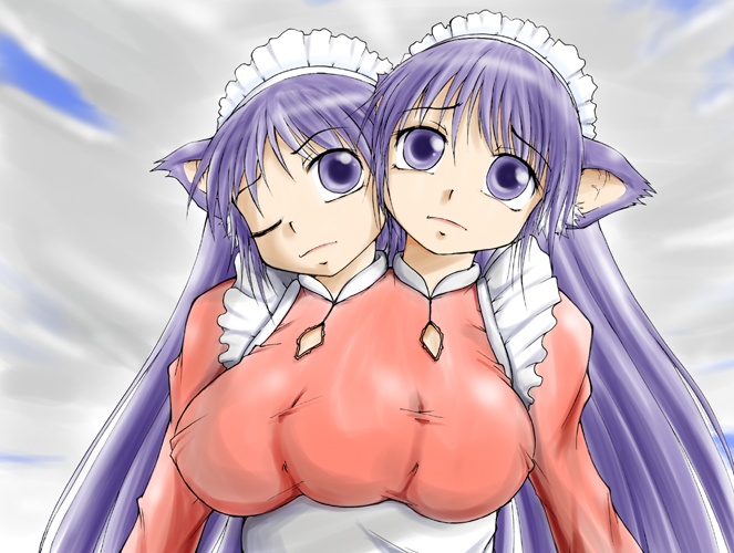 agent_orange, animal_ears, conjoined, extra_breasts, maid, multiple_heads, nene_koko, one_eye_closed