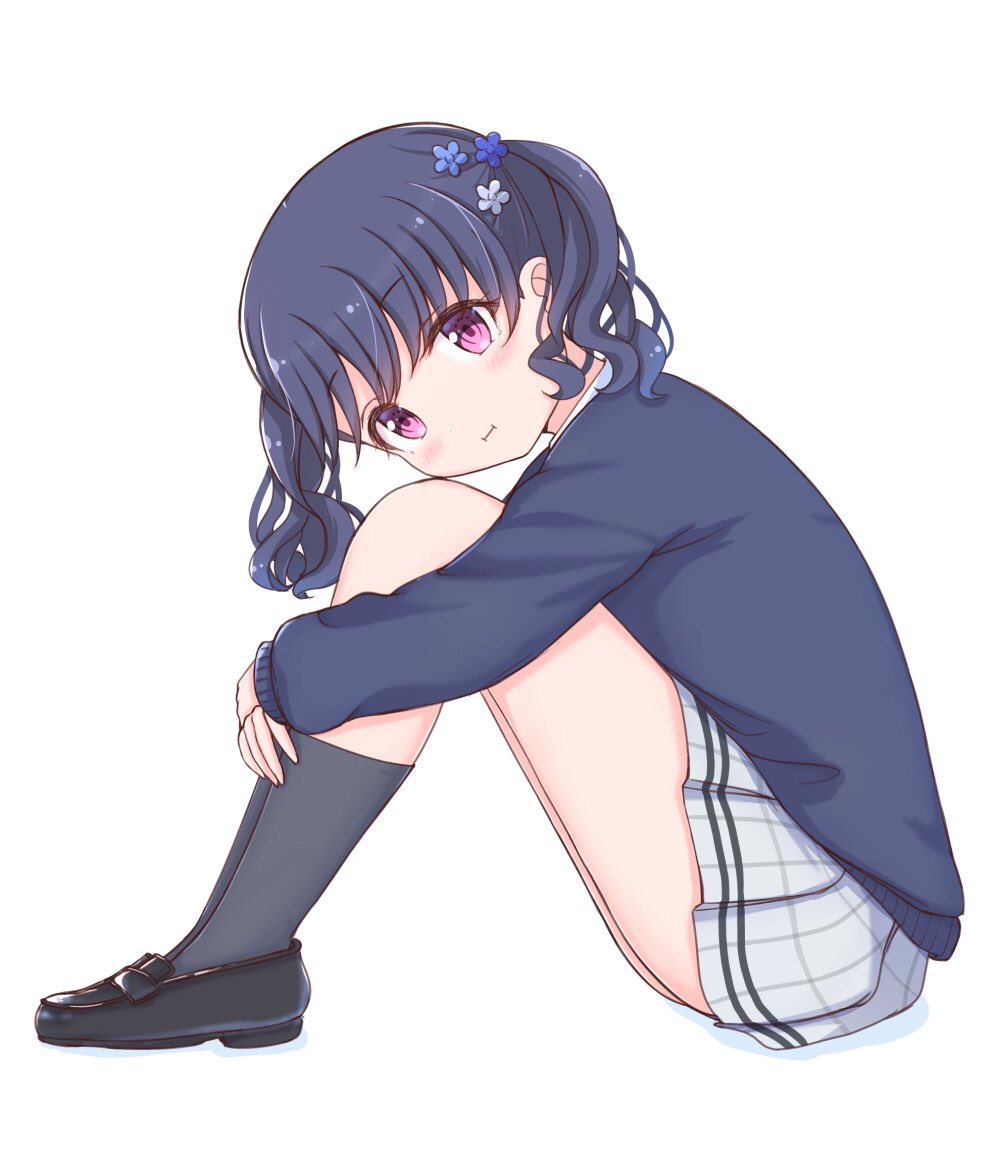 1girl, black_hair, black_shoes, blue_cardigan, cardigan, closed_mouth, flat_chest, flower, from_side, fukumaru_koito, full_body, grey_socks, hair_flower, hair_ornament, hugging_own_legs, idolmaster, idolmaster_shiny_colors, leaning_forward, loafers, long_sleeves, looking_at_viewer, nagi_uru, plaid_clothes, plaid_skirt, pleated_skirt, purple_eyes, school_uniform, shoes, simple_background, sitting, skirt, socks, solo, twintails, white_background, white_skirt