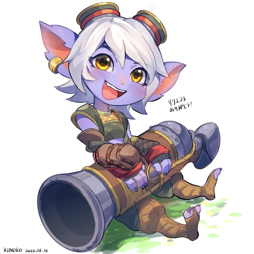 1girl, :d, artist_name, brown_gloves, brown_pants, colored_skin, crop_top, earrings, fingerless_gloves, gloves, goggles, goggles_on_head, highres, holding, holding_weapon, jewelry, kinoko_doka-gui_kizetsu-bu, league_of_legends, looking_at_viewer, nail_polish, open_mouth, pants, pink_skin, pointy_ears, purple_nails, rocket, short_hair, sitting, smile, solo, toenail_polish, toenails, translation_request, tristana_(league_of_legends), watermark, weapon, white_hair, yellow_eyes, yordle