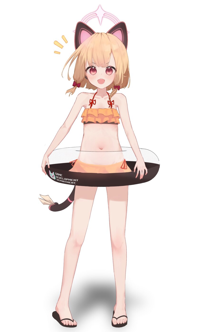1girl, absurdres, alternate_costume, animal_ear_headphones, animal_ears, bare_legs, bikini, bikini_skirt, blonde_hair, blue_archive, blush, bow, cat_ear_headphones, cat_ears, cat_tail, collarbone, fake_animal_ears, fake_tail, female_focus, flat_chest, flip-flops, frilled_bikini, frills, full_body, hair_bow, halo, halterneck, headphones, highres, innertube, loli, looking_at_viewer, low-tied_sidelocks, momoi_(blue_archive), multicolored_bikini, navel, open_mouth, orange_bikini, osorii, pink_eyes, pink_halo, red_bow, ribbon, sandals, short_hair, sidelocks, simple_background, solo, standing, stomach, swim_ring, swimsuit, tail, tail_ornament, tail_ribbon, toes, two-tone_bikini, white_background, white_ribbon