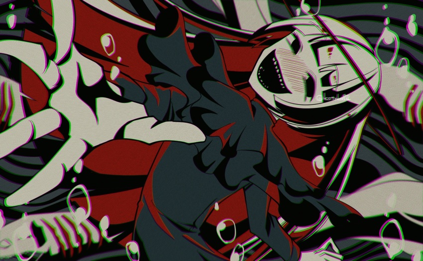 1girl, air_bubble, arched_back, bags_under_eyes, beckoning, black_background, black_capelet, black_dress