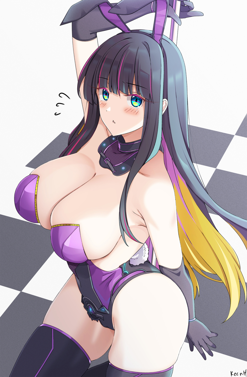 1girl, alternate_costume, animal_ears, bare_shoulders, black_gloves, black_hair, black_thighhighs, blue_eyes, blush, breasts, cleavage, elbow_gloves, fake_animal_ears, fake_tail, from_above, girls'_frontline, girls'_frontline_neural_cloud, gloves, highres, keenh, large_breasts, leotard, long_hair, looking_at_viewer, looking_up, multicolored_hair, multicolored_leotard, nascita_(neural_cloud), parted_lips, playboy_bunny, pole, purple_hair, rabbit_ears, rabbit_tail, solo, streaked_hair, stripper_pole, tail, thighhighs, thighs, two-tone_leotard