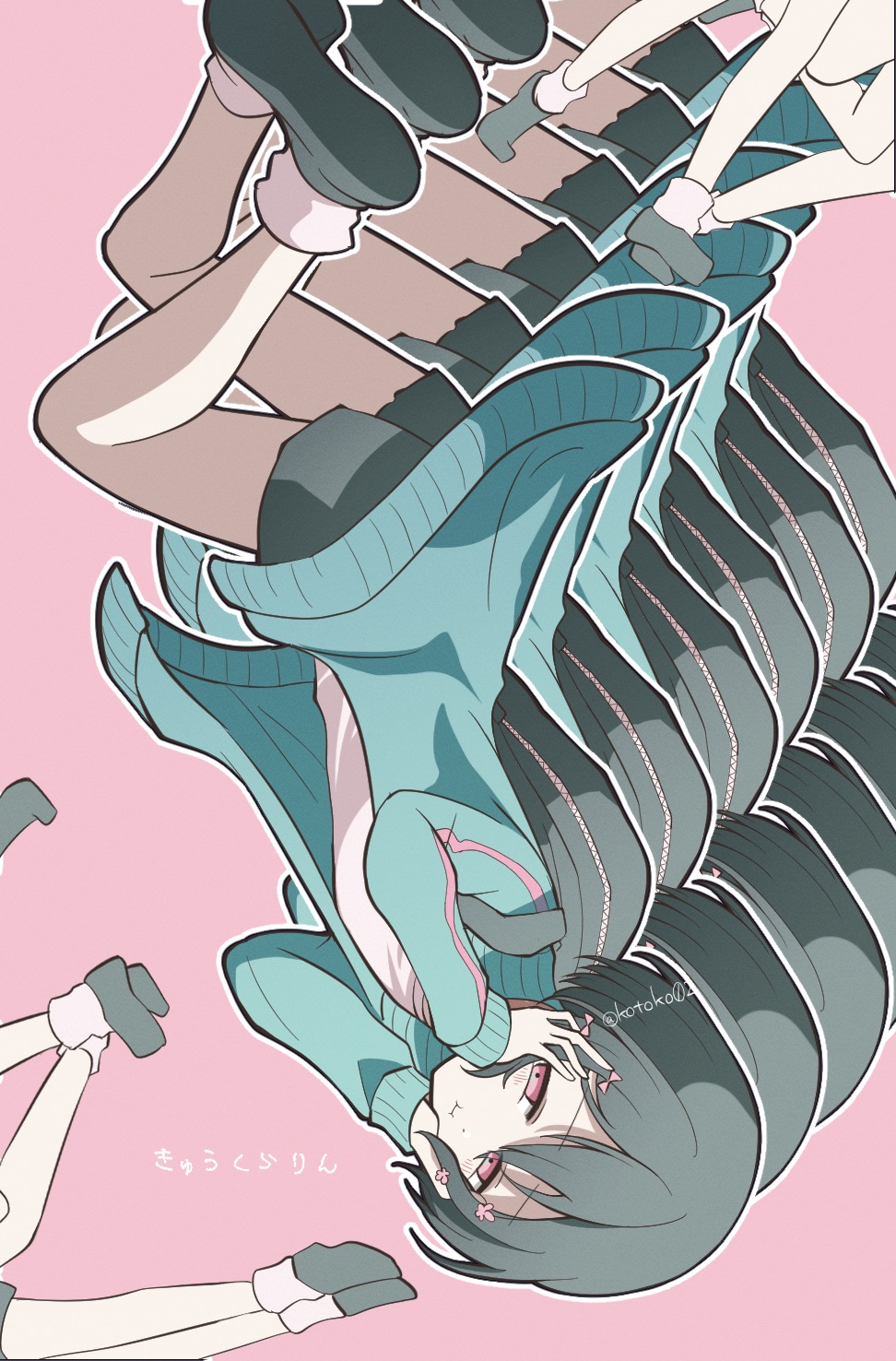 1girl, aqua_jacket, backpack, bag, black_hair, black_shorts, bow, cheek_squash