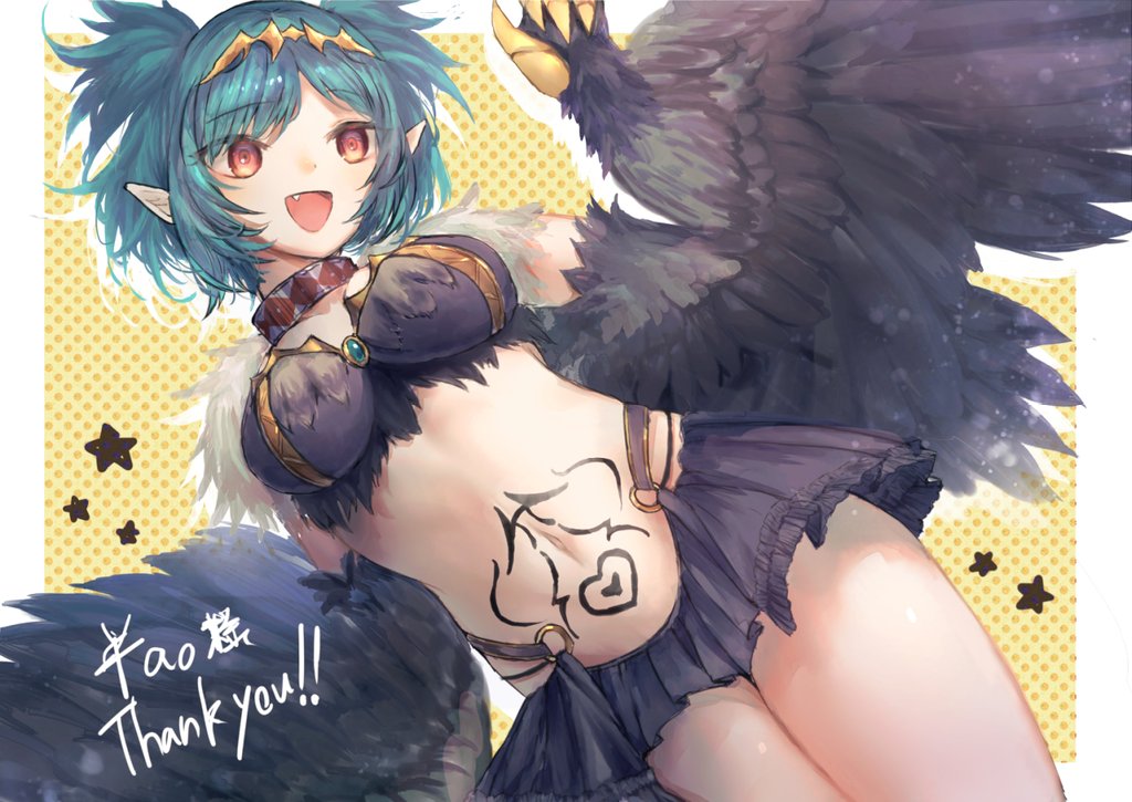 1girl, bird_legs, black_feathers, black_wings, breasts, claws, commentary_request, commission