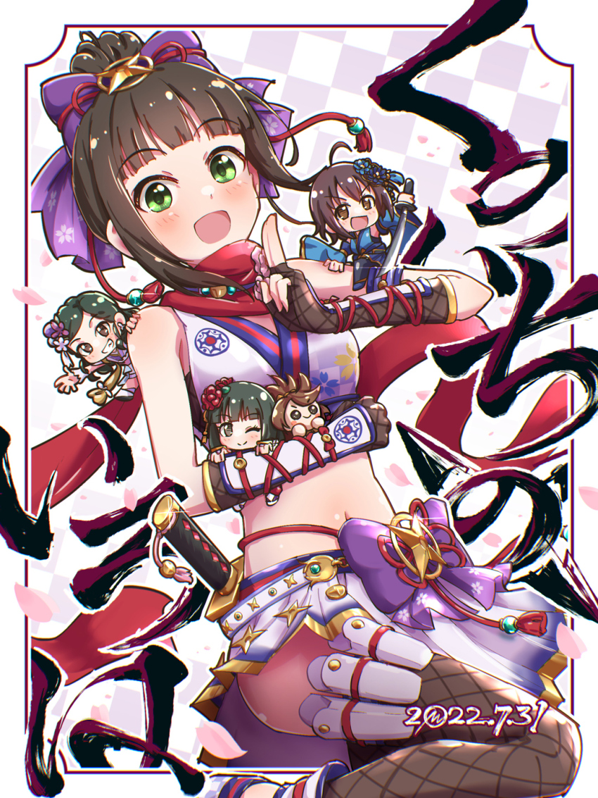 1boy, 4girls, arm_guards, azmad, bare_shoulders, black_hair, blunt_bangs, blush