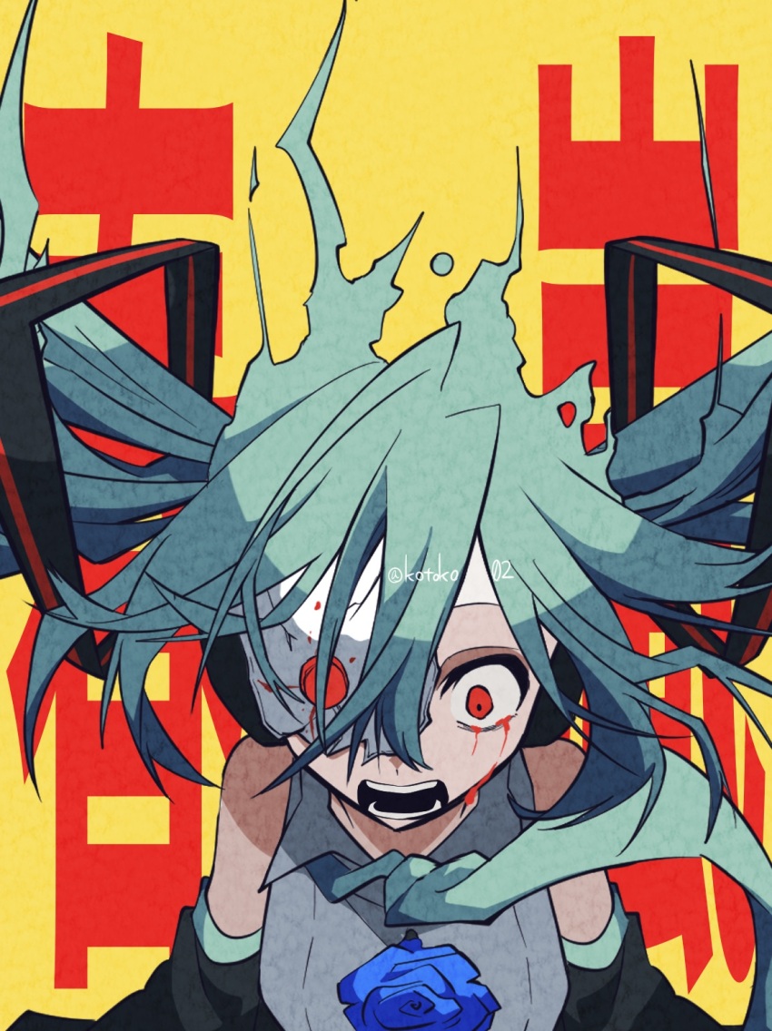 1girl, alternate_eye_color, aqua_hair, aqua_necktie, blood, bloody_tears, blue_flower, blue_rose, broken_mask, collared_shirt, commentary_request, detached_sleeves, dissolving, floating_hair, flower, grey_shirt, hair_between_eyes, hair_ornament, hatsune_miku, headphones, highres, kotoko0, long_hair, looking_down, mask, necktie, one_eye_covered, open_mouth, raised_eyebrows, red_eyes, rose, shirt, shun-ran_(vocaloid), sleeveless, sleeveless_shirt, solo, song_name, stab, straight-on, text_background, translation_request, twintails, twitter_username, upper_body, vocaloid, watermark, wide-eyed, yellow_background