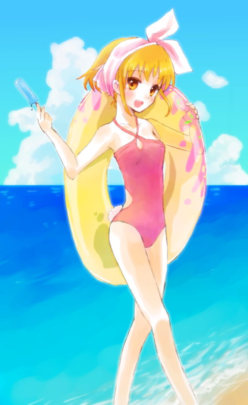 10s, 1girl, amarabi_(tobira), bad_id, bad_pixiv_id, blonde_hair, casual_one-piece_swimsuit, doldol, female_focus, food, hairband, innertube, ion_luccafort, landreaall, one-piece_swimsuit, orange_eyes, popsicle, short_hair, solo, swim_ring, swimsuit