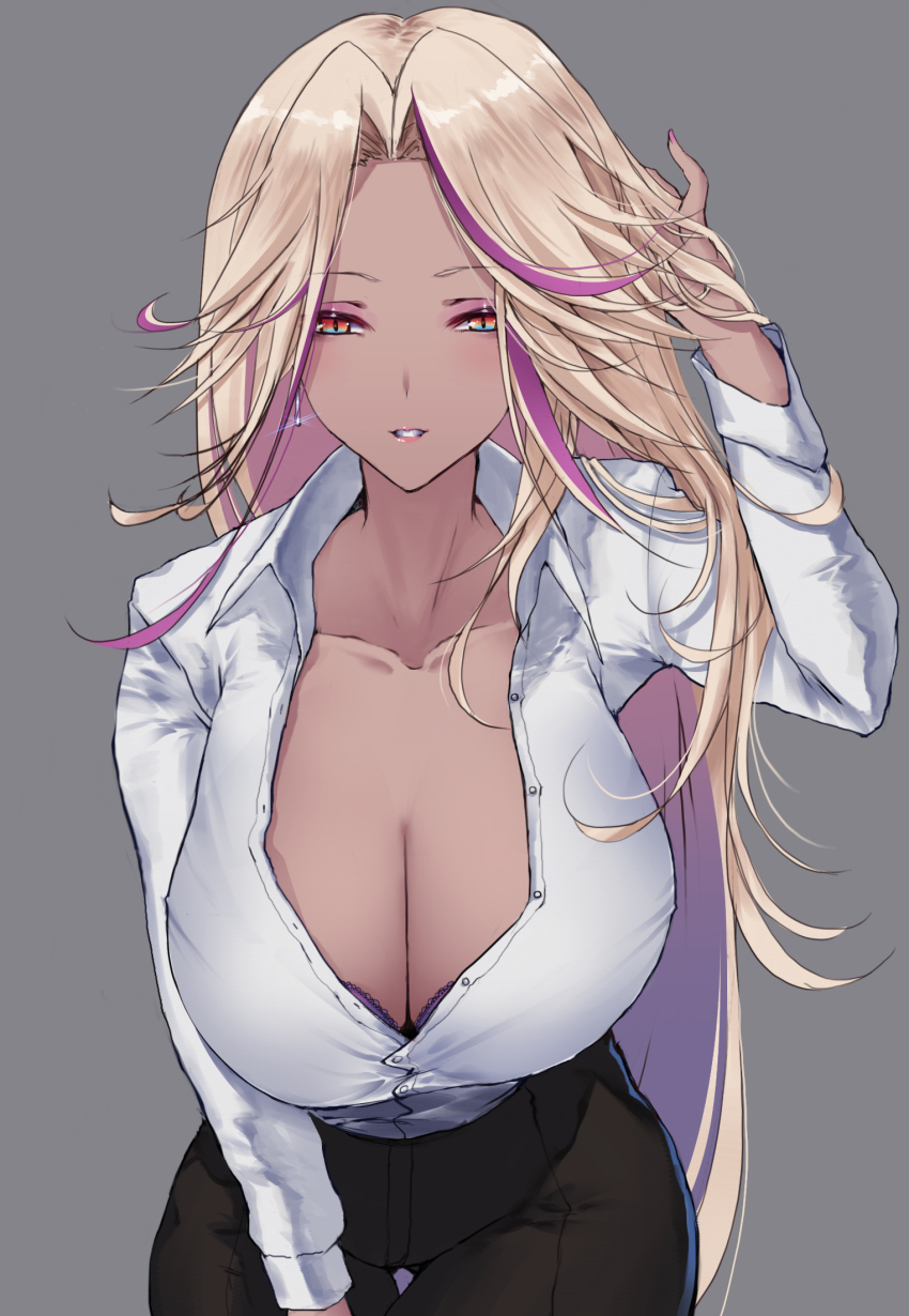 1girl, arm_up, black_pants, blonde_hair, blue_eyes, blush, bra, bra_peek, breasts, cleavage, collarbone, cowboy_shot, dark_skin, earrings, gradient_eyes, grey_background, gyaru, hand_in_own_hair, highres, indie_virtual_youtuber, jewelry, kariginu_(gureviyo582), large_breasts, leaning_forward, long_hair, long_sleeves, looking_at_viewer, multicolored_eyes, multicolored_hair, orange_eyes, pants, parted_bangs, parted_lips, partially_unbuttoned, purple_bra, purple_hair, senya_ichiya, shirt, simple_background, solo, streaked_hair, thigh_gap, two-tone_hair, underwear, very_long_hair, virtual_youtuber, white_shirt
