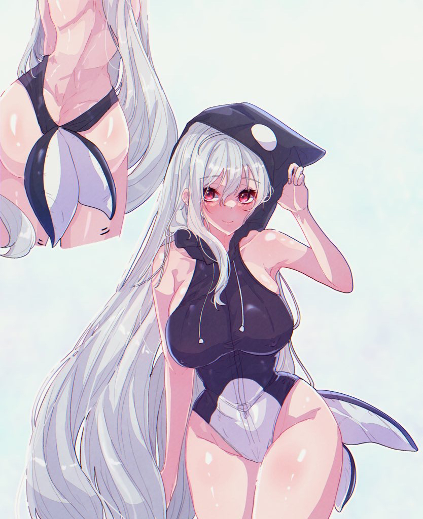 1girl, animal_hood, arknights, arm_up, ass, back, backless_swimsuit, bare_shoulders