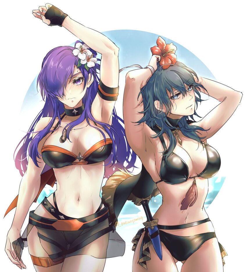 2girls, 3:, absurdres, arm_up, armband, armpits, bare_arms, bare_shoulders, belt, bikini, black_belt, black_bikini, black_choker, blue_eyes, blue_hair, choker, commentary_request, cowboy_shot, dagger, female_byleth_(fire_emblem), female_shez_(fire_emblem), female_shez_(summer)_(fire_emblem), fire_emblem, fire_emblem:_three_houses, fire_emblem_heroes, fire_emblem_warriors:_three_hopes, flower, gluteal_fold, hair_flower, hair_ornament, hibiscus, highres, knife, long_hair, looking_at_viewer, multiple_girls, navel, nintendo, official_alternate_costume, purple_eyes, purple_hair, red_flower, standing, stomach, swimsuit, thighs, umi_(oneinchswing), very_long_hair, weapon, white_flower