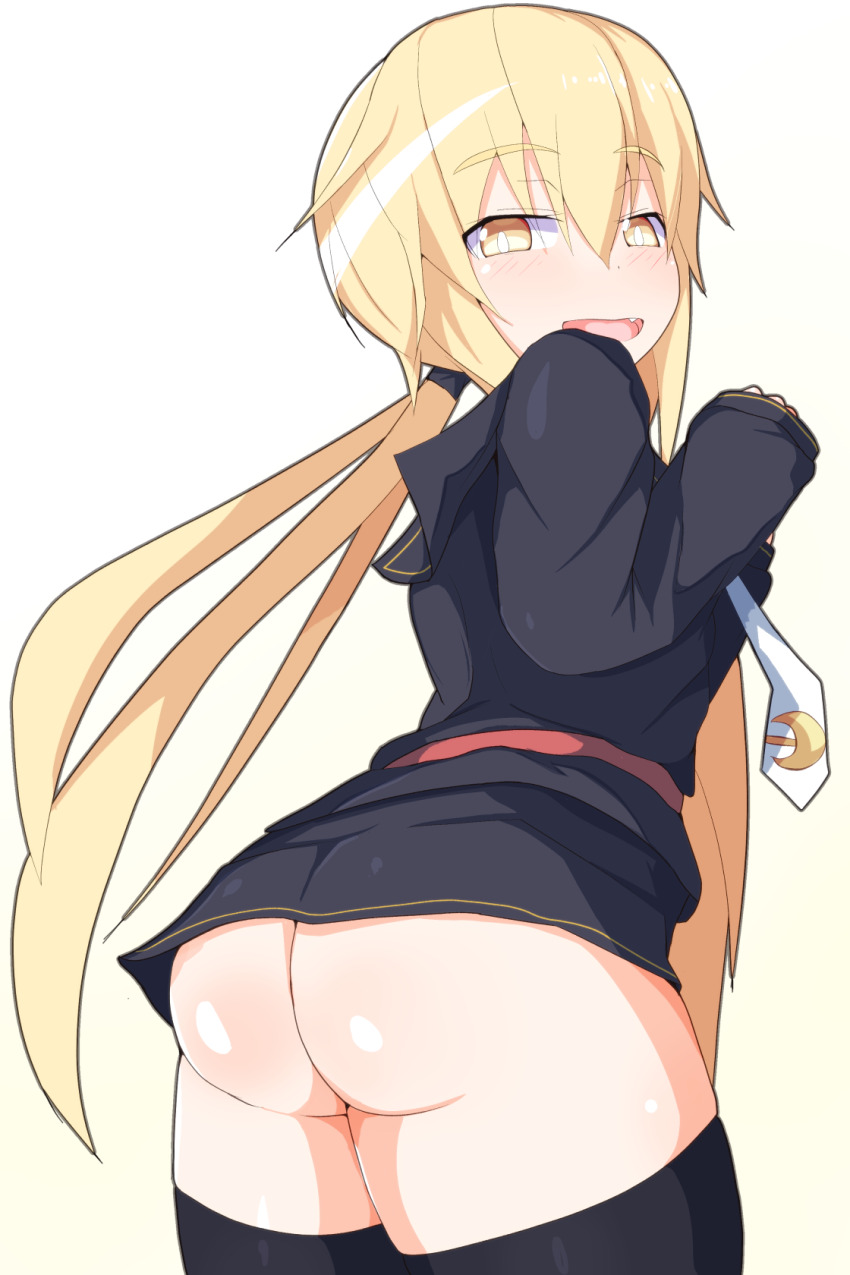 1girl, ass, belt, black_jacket, black_sailor_collar, black_thighhighs, blonde_hair, blush, bottomless, bright_pupils, cowboy_shot, cunachio, fang, from_behind, from_side, gradient_background, hair_between_eyes, half-closed_eyes, hands_up, highres, jacket, kantai_collection, leaning_forward, long_hair, long_sleeves, looking_at_viewer, looking_back, necktie, no_panties, open_mouth, red_belt, sailor_collar, satsuki_(kancolle), sleeves_past_wrists, smile, solo, standing, thick_thighs, thighhighs, thighs, tongue, turning_head, twintails, white_necktie, white_pupils, yellow_background, yellow_eyes