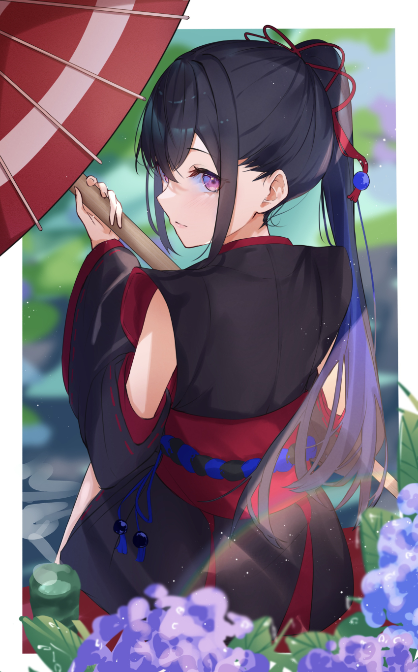 1girl, absurdres, black_hair, black_kimono, blue_hair, blurry, blurry_background, blush