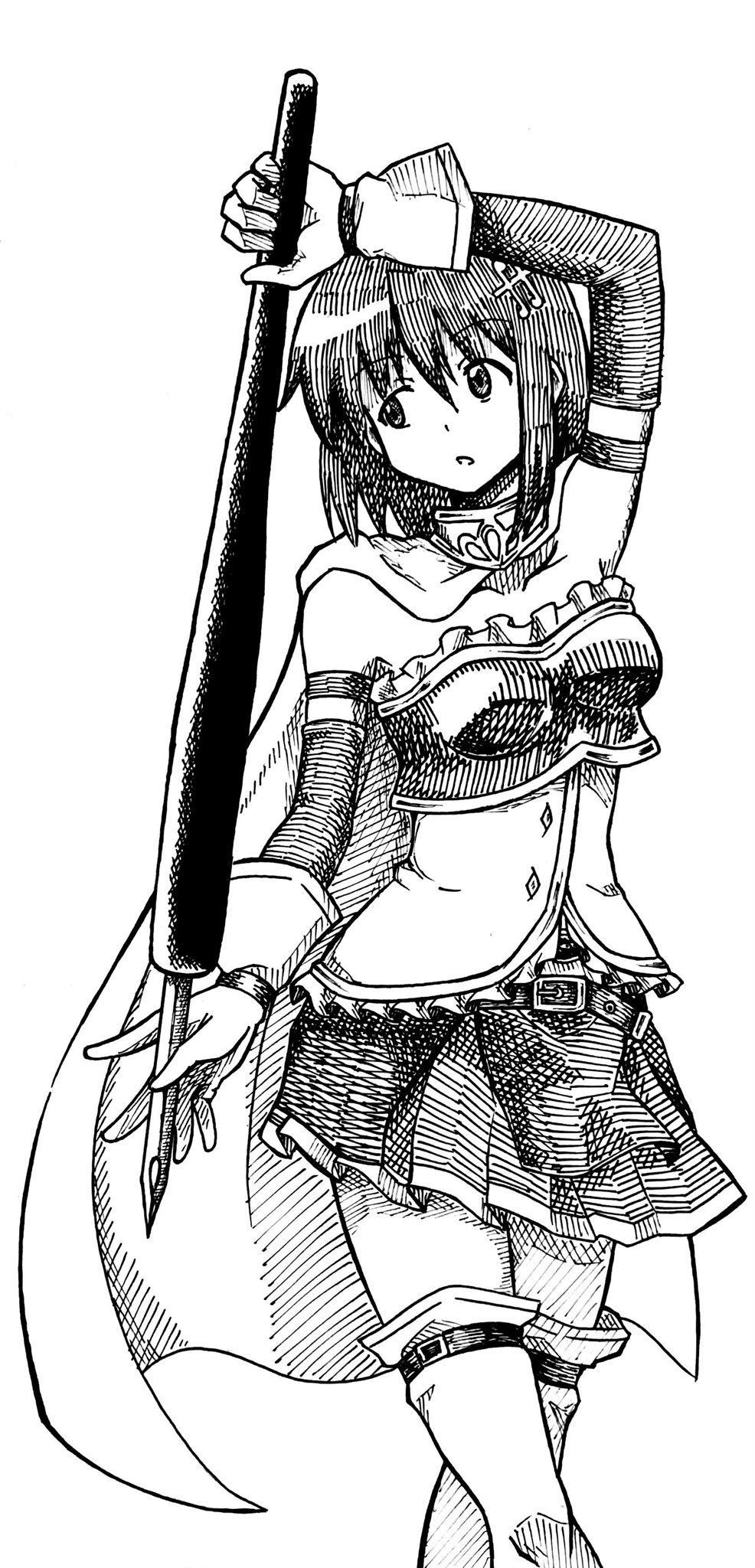 1girl, belt, cape, cowboy_shot, detached_sleeves, fortissimo, gloves, hair_ornament