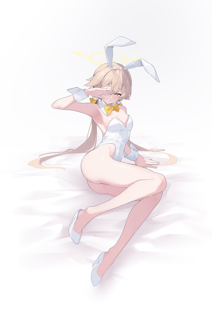 1girl, absurdres, alternate_costume, animal_ears, arume_ad, ass, bare_legs, bed_sheet