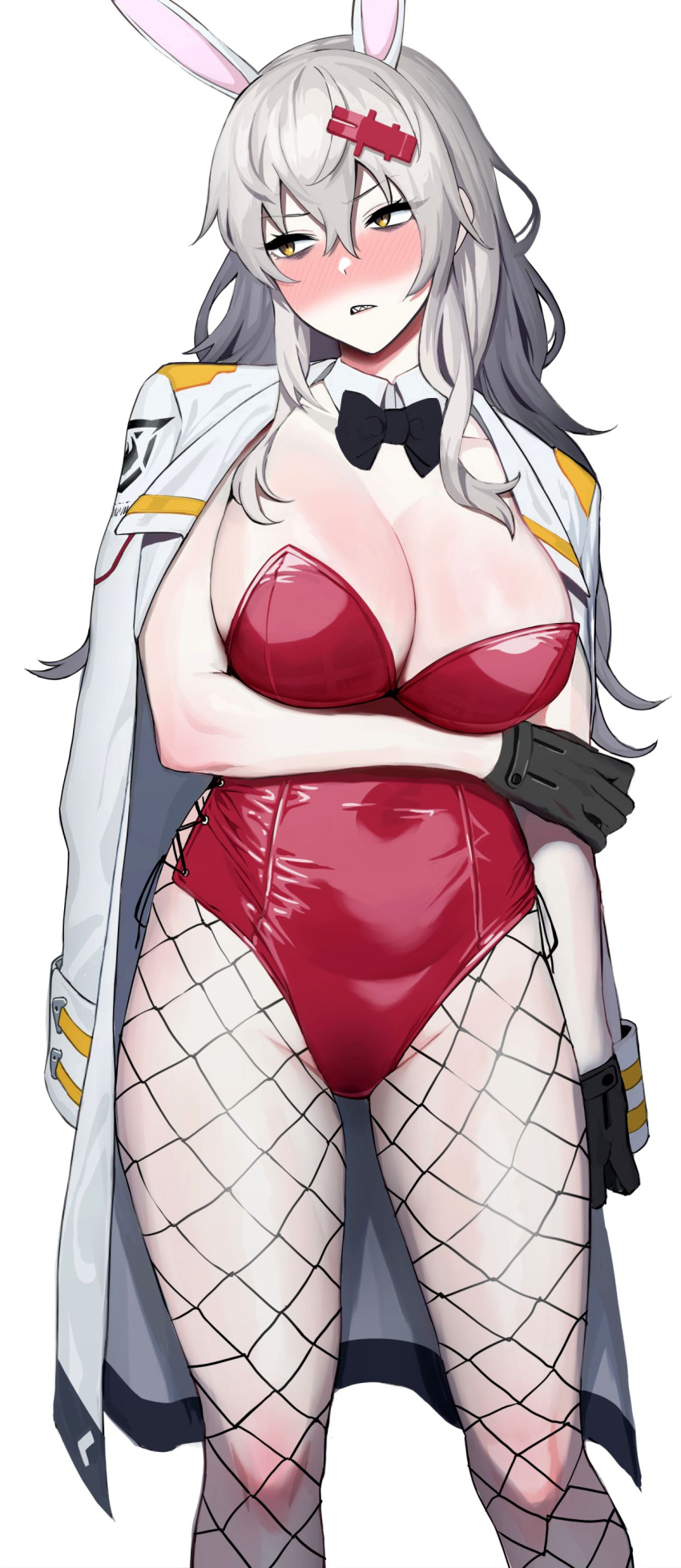 1girl, absurdres, alternate_costume, amano_don, animal_ears, arm_under_breasts, black_bow, black_bowtie