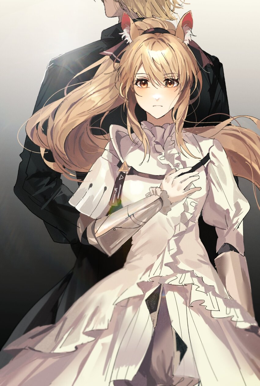 1boy, 1girl, absurdres, aehobakjeon, animal_ears, arknights, back-to-back, black_coat, black_ribbon, blemishine_(arknights), blemishine_(elite_ii)_(arknights), blonde_hair, closed_mouth, coat, cowboy_shot, dress, facing_away, frilled_dress, frills, gradient_background, grey_background, hair_between_eyes, hair_ribbon, hand_in_pocket, hand_on_own_chest, head_out_of_frame, highres, horse_ears, horse_girl, long_hair, long_sleeves, looking_at_viewer, mlynar_(arknights), nearl_(arknights), ponytail, ribbon, serious, short_hair, standing, straight-on, uncle_and_niece, vambraces, white_background, white_dress, yellow_eyes