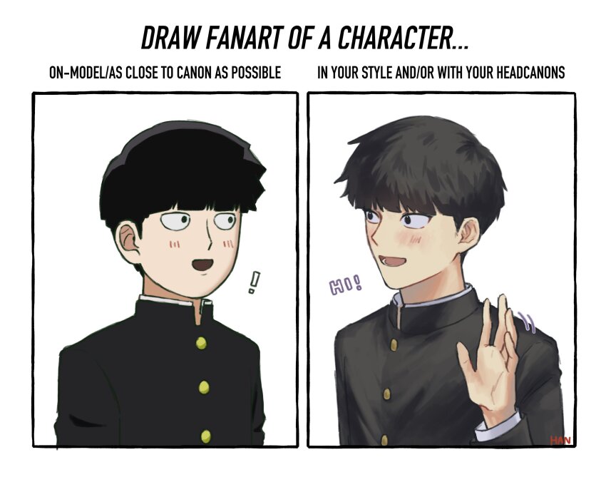 !, 1boy, black_eyes, black_hair, blunt_bangs, blush, bowl_cut, english_text, formal_clothes, gakuran, hannnn, highres, kageyama_shigeo, long_sleeves, looking_at_another, male_focus, mob_psycho_100, multiple_drawing_challenge, official_style, on-model_vs_in_your_style_challenge, open_mouth, school_uniform, short_hair, simple_background, smile