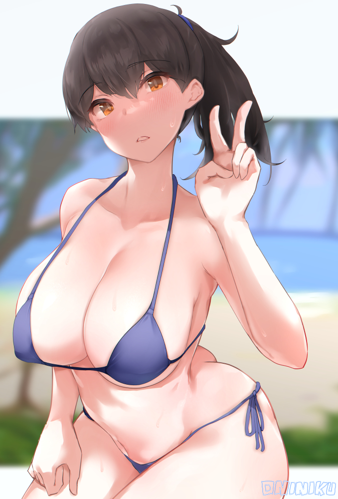 1girl, beach, bikini, black_hair, blue_bikini, blurry, blurry_background, breasts
