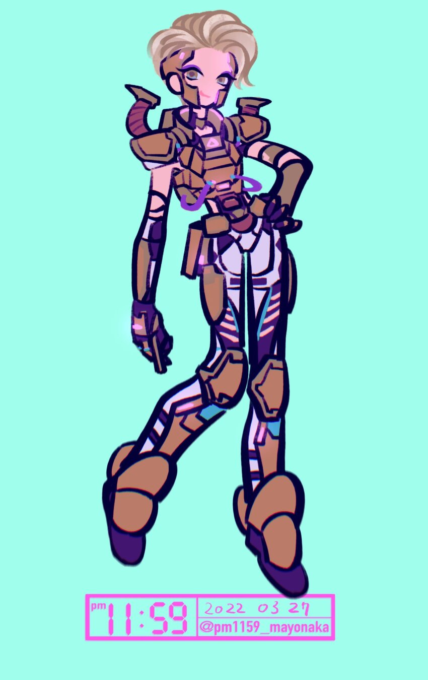 1girl, apex_legends, armor, black_gloves, blonde_hair, breastplate, dated, eyeshadow, full_body, gloves, grey_pants, hand_on_own_hip, head_tilt, highres, horizon_(apex_legends), jewel_of_olympus_horizon, knee_pads, looking_at_viewer, makeup, official_alternate_costume, official_art, pants, pm11:19, purple_eyes, purple_eyeshadow, short_hair, smile, solo, twitter_username