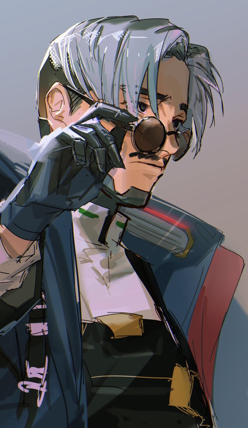 1boy, animification, apex_legends, black_eyes, black_gloves, blue_jacket, classified_crypto, crypto_(apex_legends), facial_hair, from_side, glasses, gloves, grey_background, grey_hair, highres, jacket, looking_ahead, male_focus, mustache, official_alternate_costume, parted_hair, portrait, shirt, solo, thundergotch, white_shirt