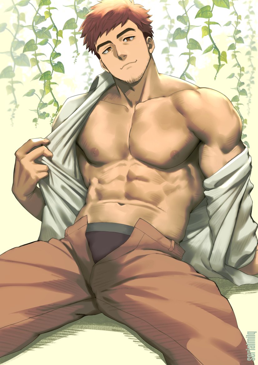 1boy, abs, bara, beard, branch, collared_shirt, commentary, commission