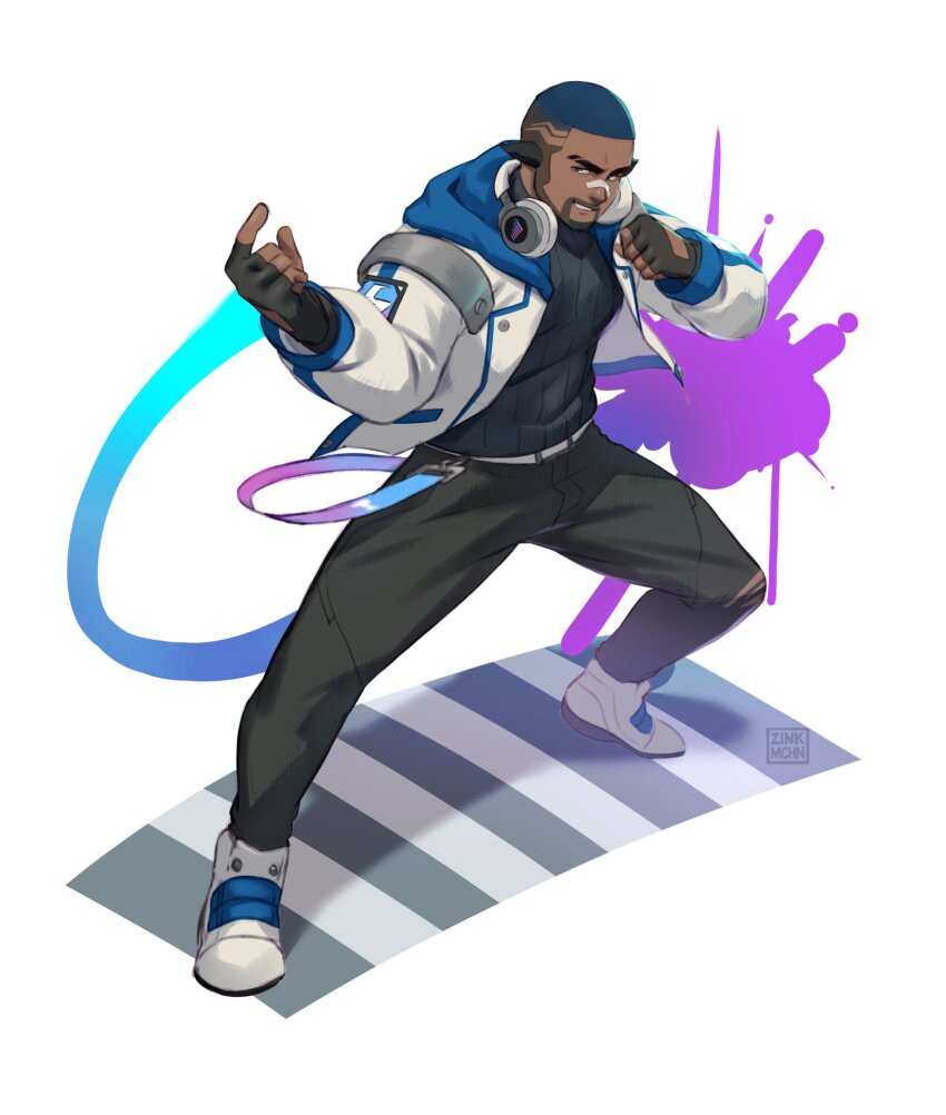 1boy, artist_collaboration, bandaid, bandaid_on_face, bandaid_on_nose, bara, black_gloves, black_pants, blue_hair, buzz_cut, collared_jacket, commentary, english_commentary, fighting_stance, fingerless_gloves, full_body, gloves, headphones, headphones_around_neck, highres, jacket, male_focus, on_floor, open_clothes, open_jacket, original, paint_splatter, pants, sai_(serialmilq), shoes, short_hair, simple_background, smirk, solo, very_short_hair, white_background, white_jacket, white_shoes