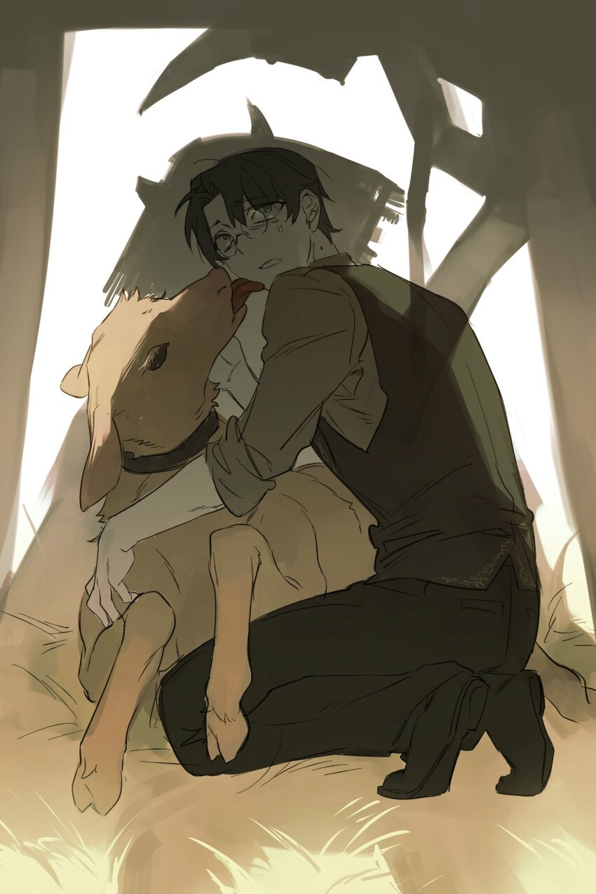 1boy, baby_animal, black_hair, black_pants, black_shoes, brown_shirt, brown_vest, calf_(animal)