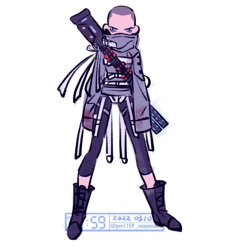 1girl, apex_legends, artist_name, bald, bald_female, black_boots, blood, blood_on_clothes