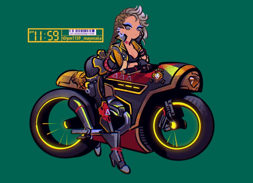 1girl, apex_legends, barcode, black_footwear, black_jacket, black_pants, black_shirt, black_skirt, blue_eyeshadow, boots, braid, breaking_the_law_loba, breasts, brown_hair, choker, cleavage, cropped_jacket, eyeshadow, green_background, grey_eyes, grey_hair, high_heel_boots, high_heels, highres, jacket, leaning_forward, loba_(apex_legends), long_hair, makeup, medium_breasts, miniskirt, motor_vehicle, motorcycle, multicolored_hair, official_alternate_costume, pants, pm11:19, red_choker, shirt, simple_background, skirt, two-tone_hair, very_long_hair
