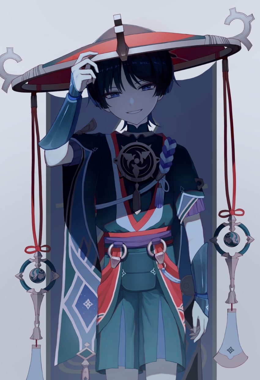 1boy, arm_up, armor, belt, black_hair, black_shirt, black_shorts, blunt_ends