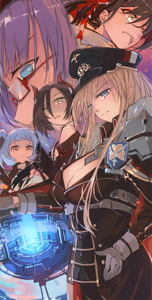 5girls, aiguillette, azur_lane, bismarck_(azur_lane), bismarck_(coat_of_arms), black_hair, blonde_hair, blue_eyes