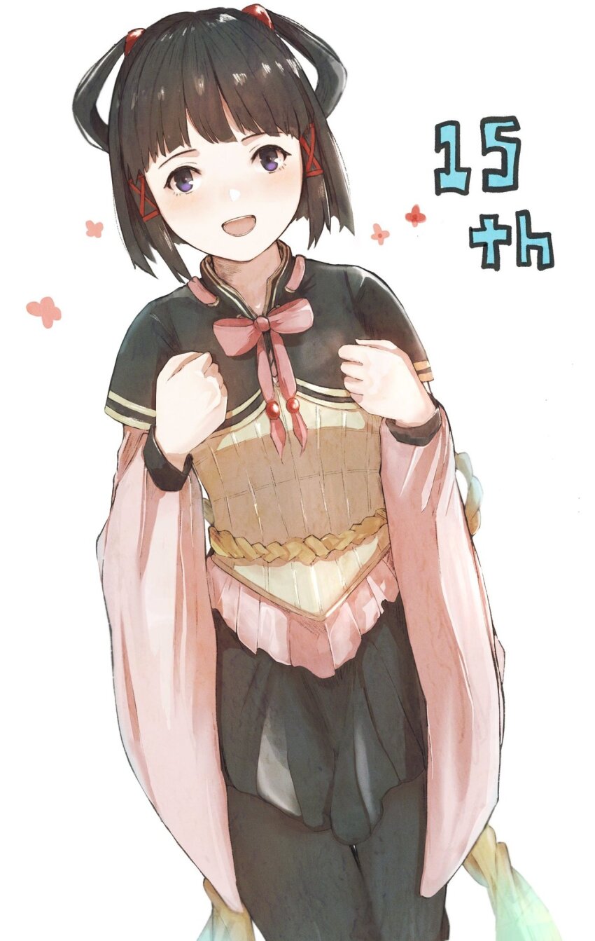 1girl, black_dress, black_hair, black_pantyhose, black_skirt, bow, dress, gensou_suikoden