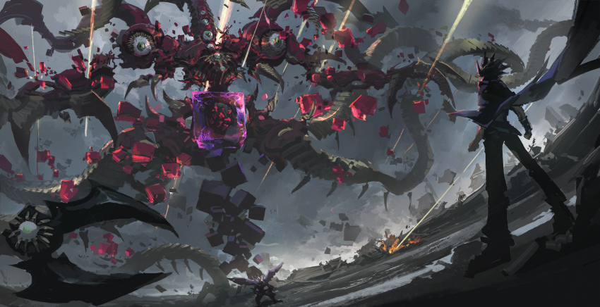 2boys, absurdres, aigami, black_hair, crimson_nova_trinity_the_dark_cubic_lord, debris, duel_monster, full_body, highres, impasto, leo-dont-want-to-be-a-painter, long_sleeves, male_focus, monster, multiple_boys, muto_yugi, scenery, silhouette, spiked_hair, tentacles, wings, yu-gi-oh!, yu-gi-oh!_the_dark_side_of_dimensions