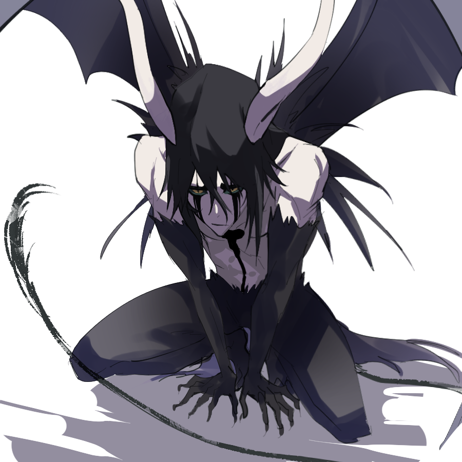 1boy, black_hair, bleach, colored_sclera, demon_boy, demon_horns, demon_tail, green_sclera, hishui_prpr, horns, long_hair, male_focus, resurreccion, solo, squatting, tail, topless_male, ulquiorra_cifer, white_background, wings, yellow_eyes