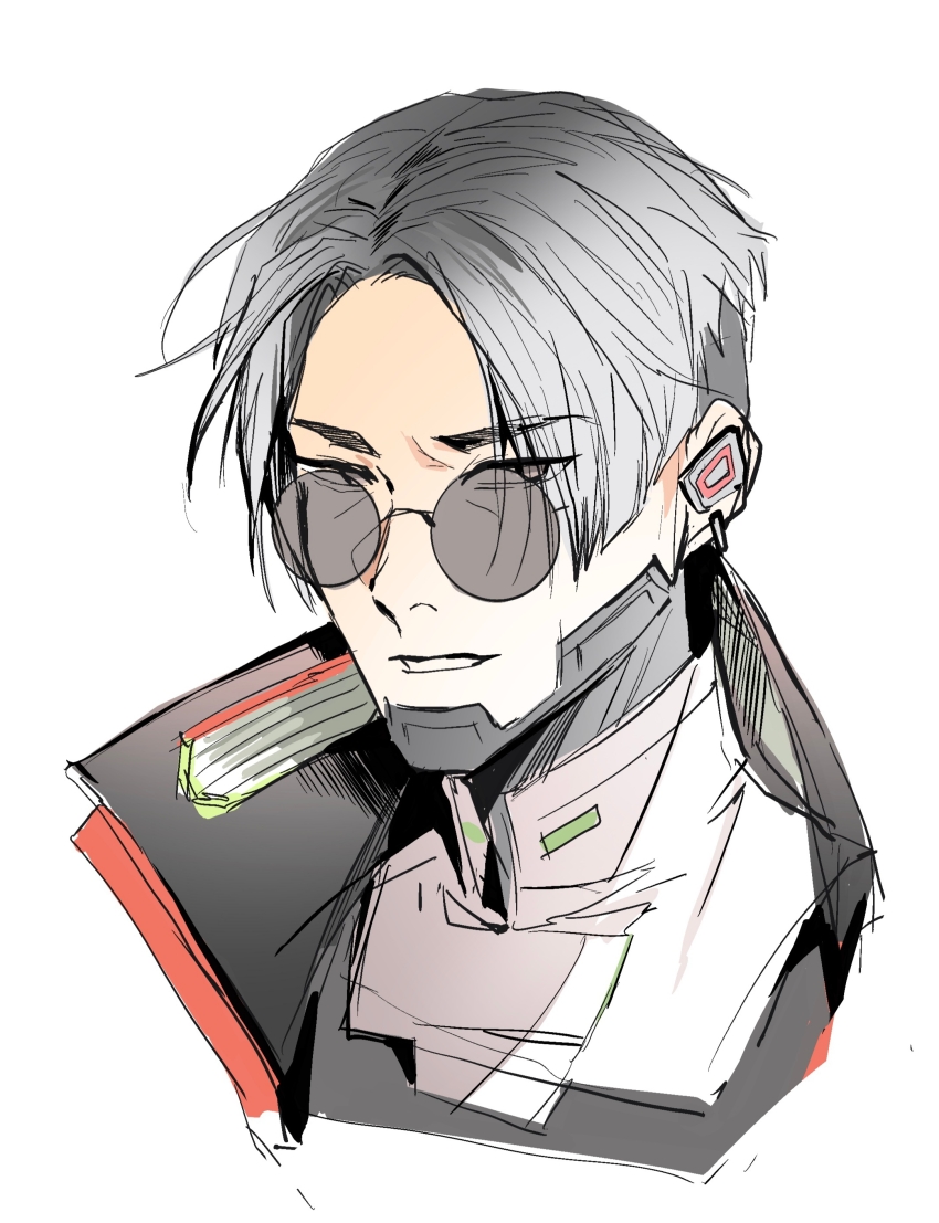1boy, absurdres, apex_legends, black_jacket, classified_crypto, crypto_(apex_legends), grey_eyes, grey_hair, highres, jacket, looking_at_viewer, male_focus, official_alternate_costume, parted_lips, portrait, round_eyewear, shirt, sketch, solo, song_tan_shui, sunglasses, white_background, white_shirt