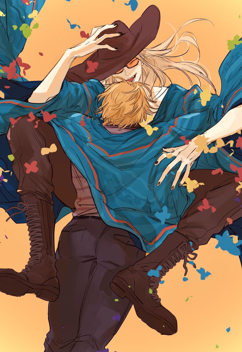 2boys, black_nails, blonde_hair, cowboy_hat, fate/grand_order, fate_(series), hand_on_own_head, hat