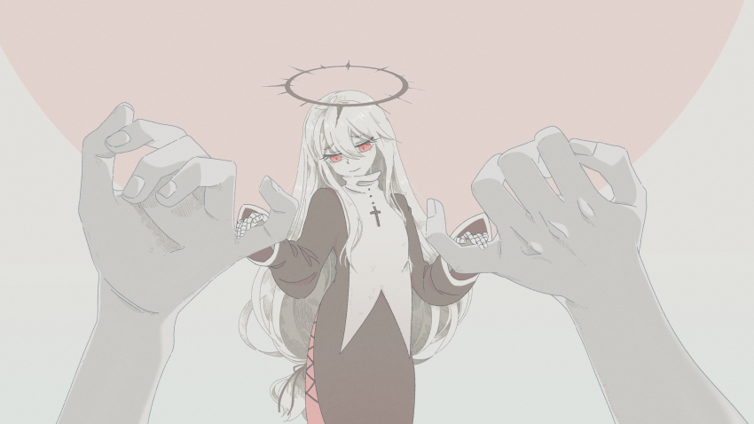 1girl, 2others, black_dress, capelet, closed_mouth, commentary_request, cross, cross_necklace, dark_halo, disembodied_hand, dress, feet_out_of_frame, furrowed_brow, gekiyaku, half-closed_eyes, halo, highres, jewelry, long_hair, long_sleeves, looking_down, low-tied_long_hair, mini_person, minigirl, multiple_others, muted_color, natsukage_tokage, necklace, pink_background, pinky_out, raised_eyebrows, red_eyes, sad, side_slit, sidelocks, turtleneck, two-tone_background, utau, white_background, white_capelet, white_hair