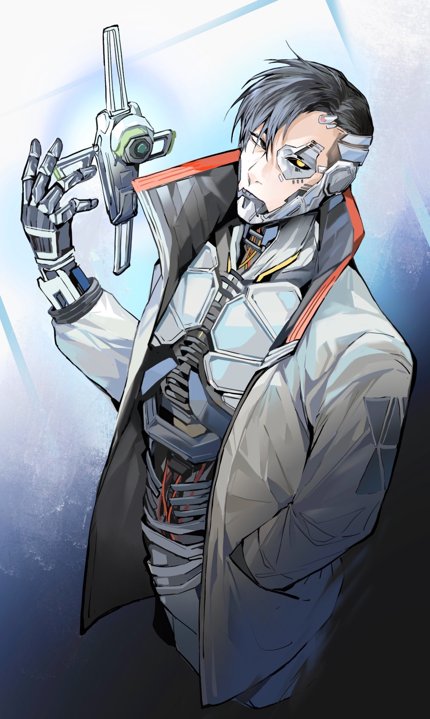 1boy, absurdres, apex_legends, black_eyes, black_gloves, black_hair, black_sclera, cable, colored_sclera, crypto_(apex_legends), cyborg, gloves, hack_(apex_legends), hand_in_pocket, heterochromia, highres, jacket, leaning_back, male_focus, non-humanoid_robot, official_alternate_costume, open_hand, robot, solo, song_tan_shui, white_jacket, whitelisted_crypto, yellow_eyes