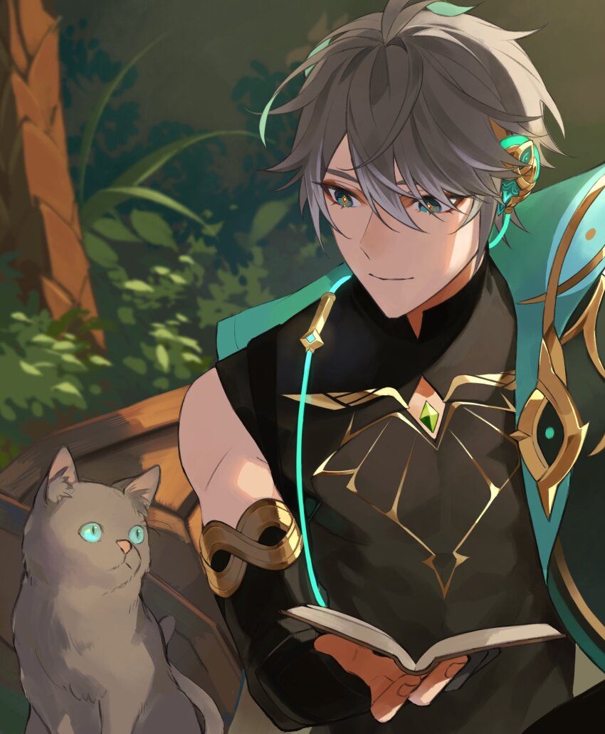 1boy, ahoge, alhaitham_(genshin_impact), animal, antenna_hair, aqua_eyes, aqua_hair, armlet