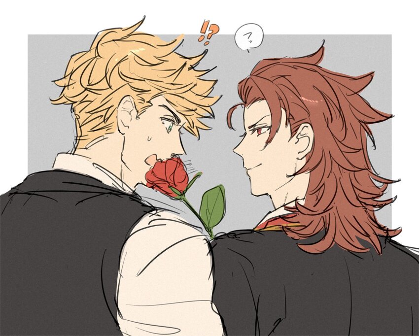 !?, 2boys, ?, black_jacket, black_vest, blonde_hair, flower, granblue_fantasy