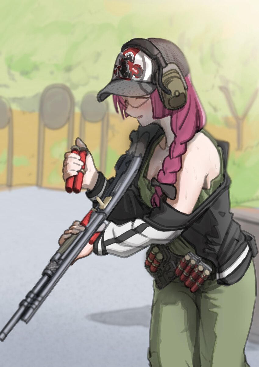 1girl, absurdres, ammunition, ammunition_pouch, baseball_cap, black_bow, black_jacket, blush, bocchi_the_rock!, bow, braid, breasts, cleavage, closed_eyes, dress, fang, goggles, green_dress, gugyun_(gugyun_00), gun, hair_bow, hat, headphones, highres, hiroi_kikuri, jacket, long_hair, medium_breasts, off_shoulder, open_mouth, outdoors, pouch, reloading, shooting_range, shotgun, shotgun_shell, side_braid, single_braid, sketch, smile, solo, strap_slip, sweat, weapon